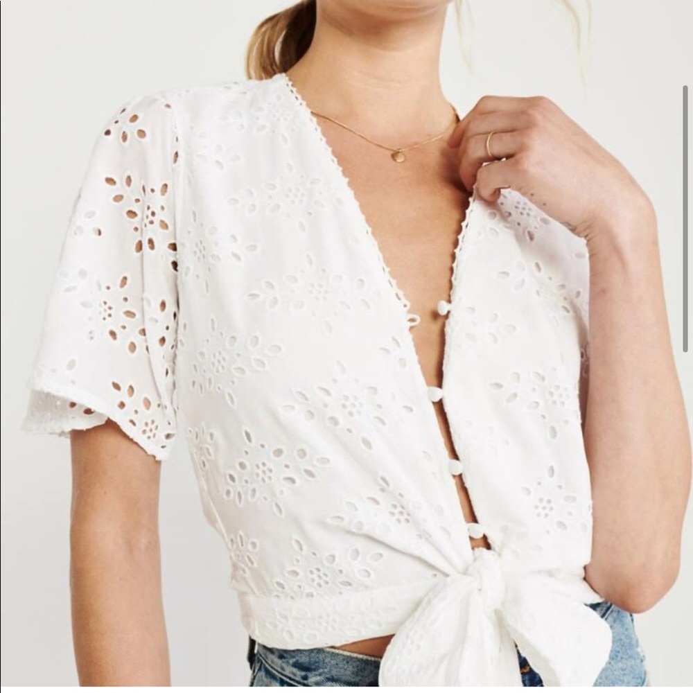 Abercrombie & Fitch White Eyelet Front Tie Wrap Top